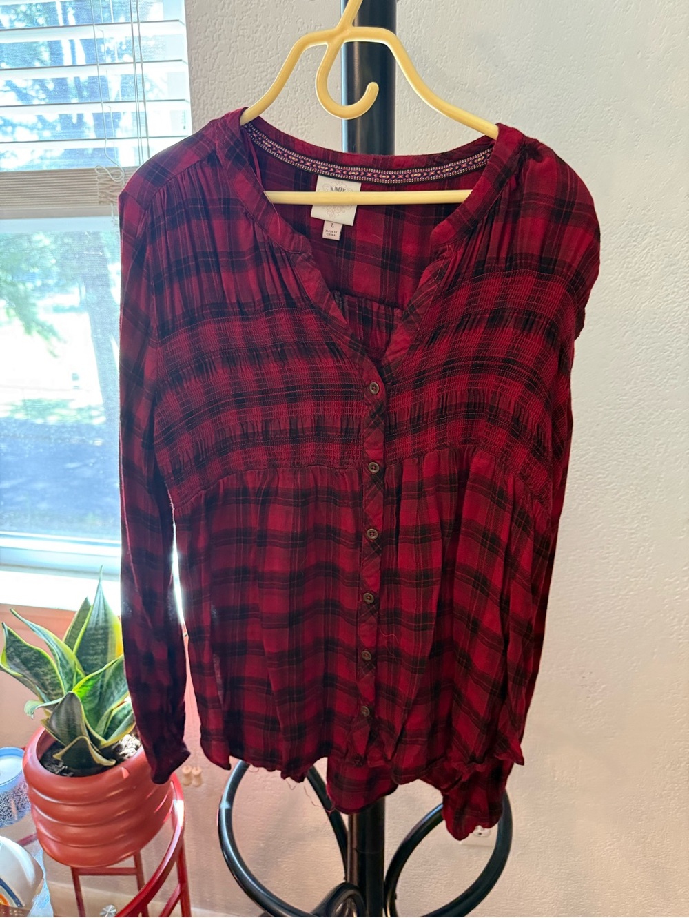 Knox Rose Ruby Red and Black Plaid Smocked Peasant Blouse Boho Top, Large
